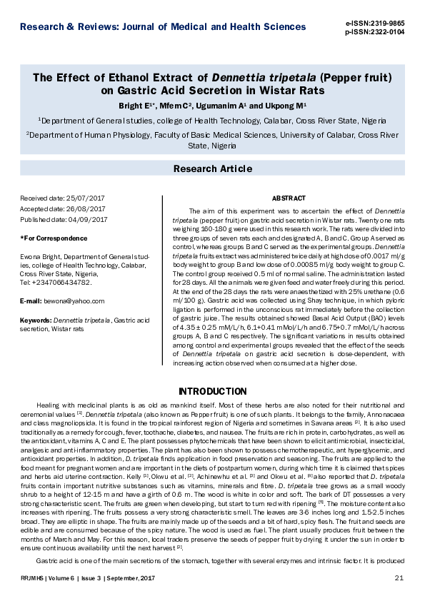 First page of “The Effect of Ethanol Extract of Dennettia tripetala (Pepper fruit)on Gastric Acid Secretion in Wistar Rats”