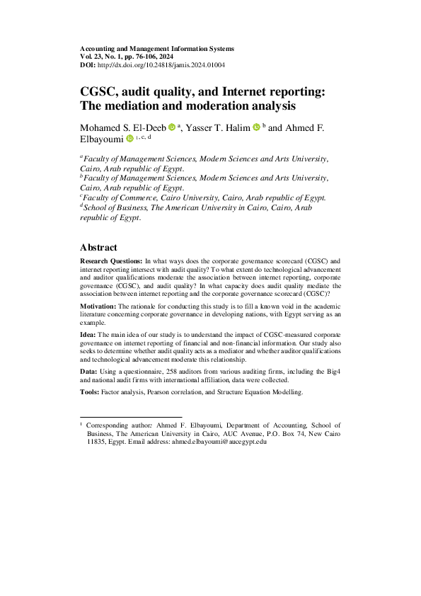 First page of “CGSC, audit quality, and Internet reporting: The mediation and moderation analysis”