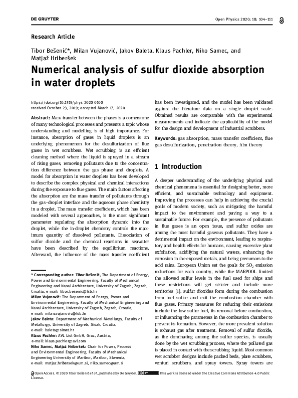 First page of “Numerical analysis of sulfur dioxide absorption in water droplets”