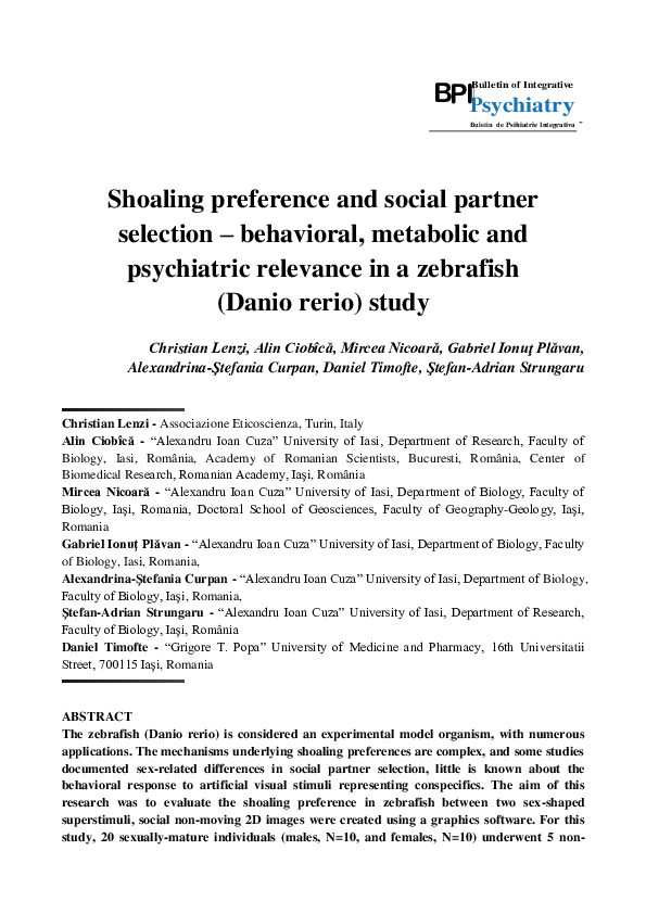 First page of “Shoaling preference and social partner selection - behavioral, metabolic and psychiatric relevance in a zebrafish (Danio rerio) study”