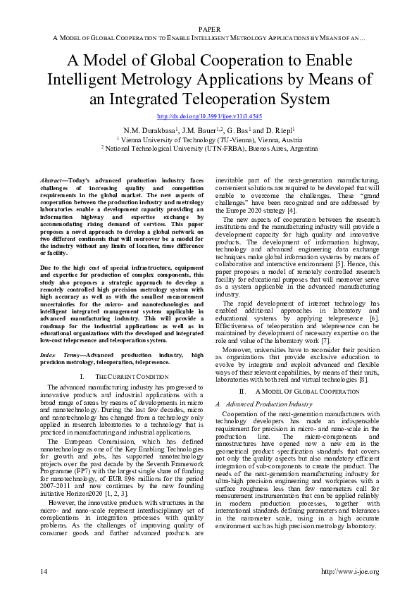 First page of “A Model of Global Cooperation to Enable Intelligent Metrology Applications by Means of an Integrated Teleoperation System”