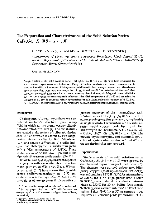 First page of “The preparation and characterization of the solid solution series CuFexGe1−xS2 (0.5 < x < 1.0)”