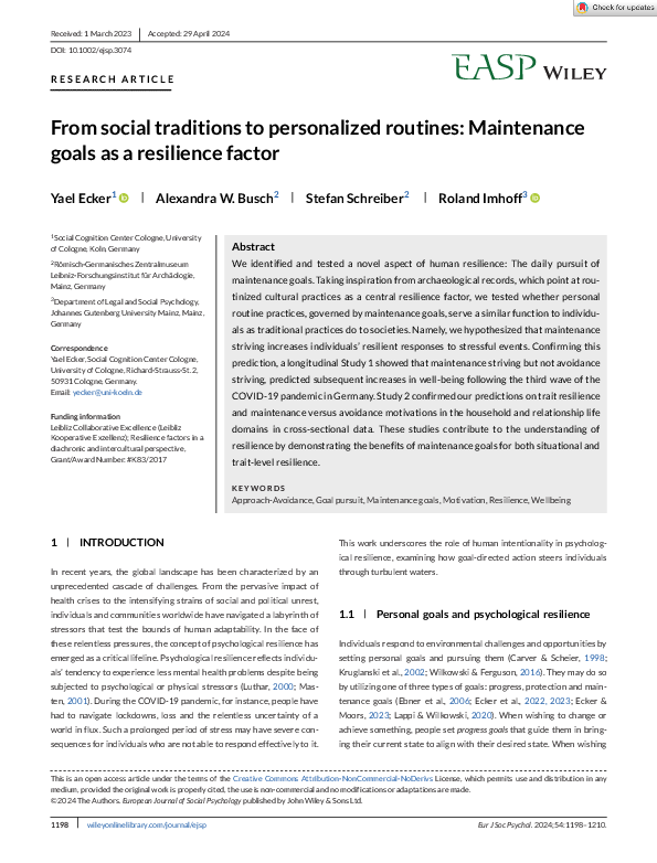 First page of “From social traditions to personalized routines: Maintenance goals as a resilience factor”