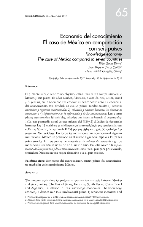 First page of “Economía del conocimiento El caso de México en comparación con seis países”