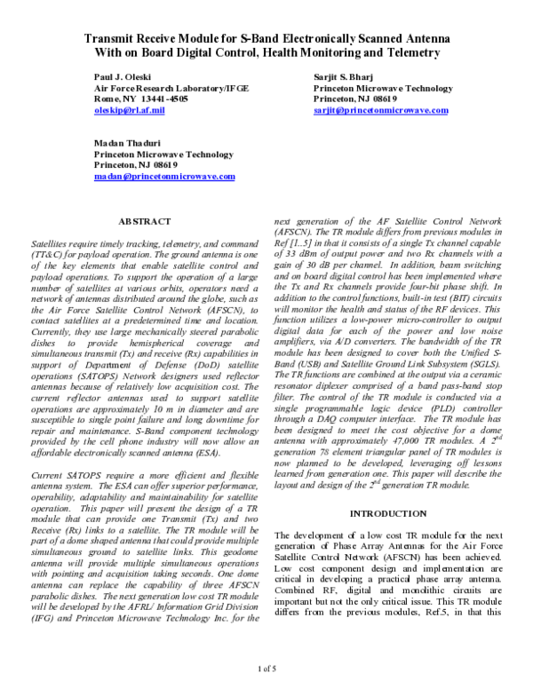 First page of “Transmit Receive Module for S-Band Electronically Scanned Antenna With on Board Digital Control, Health Monitoring and Telemetry”