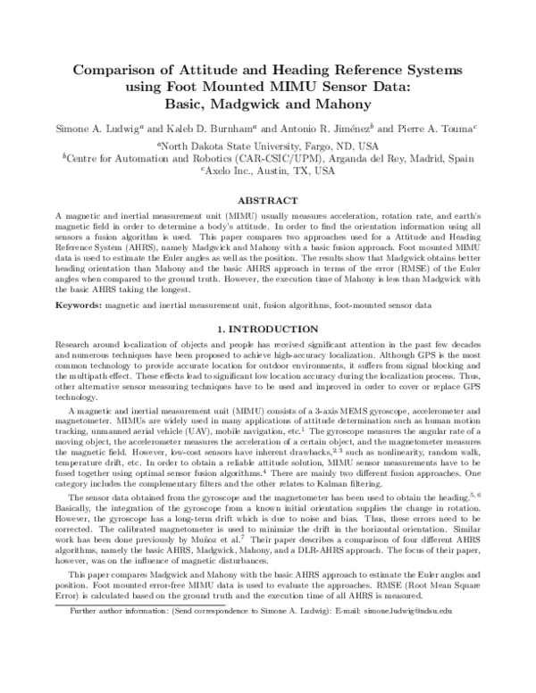 First page of “Comparison of attitude and heading reference systems using foot mounted MIMU sensor data: basic, Madgwick, and Mahony”