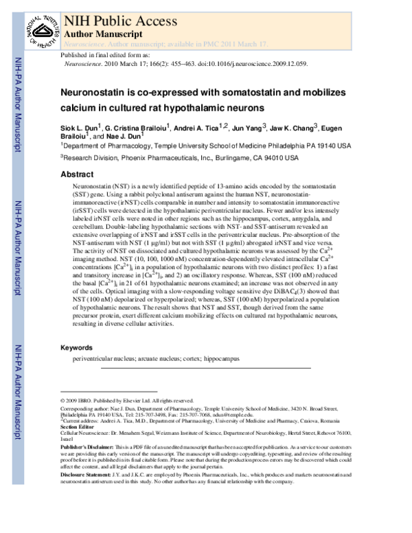 First page of “Neuronostatin is co-expressed with somatostatin and mobilizes calcium in cultured rat hypothalamic neurons”