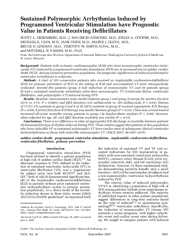 First page of “Sustained Polymorphic Arrhythmias Induced by Programmed Ventricular Stimulation have Prognostic Value in Patients Receiving Defibrillators”