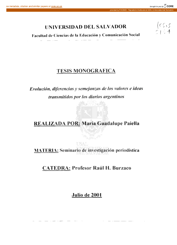 First page of “Evolución, diferencias y semejanzas de los valores e ideas transmitidos por los diarios argentinos”