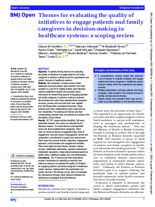 First page of “Themes for evaluating the quality of initiatives to engage patients and family caregivers in decision-making in healthcare systems: a scoping review”