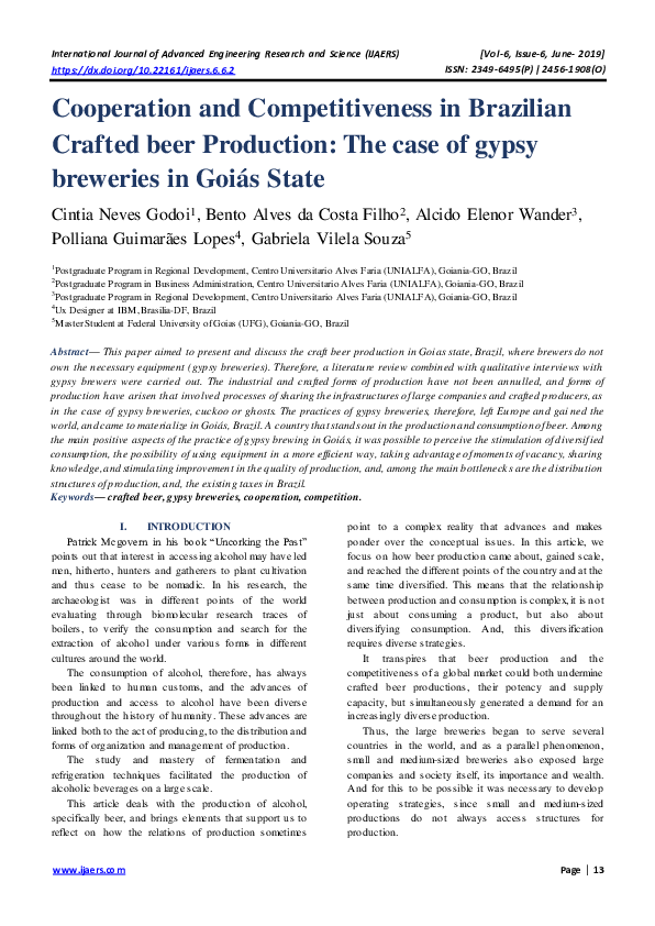 First page of “Cooperation and Competitiveness in Brazilian Crafted beer Production: The case of gypsy breweries in Goiás State”