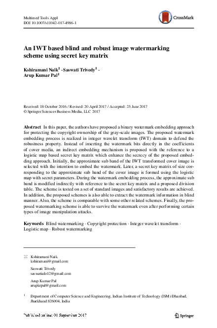 First page of “An IWT based blind and robust image watermarking scheme using secret key matrix”