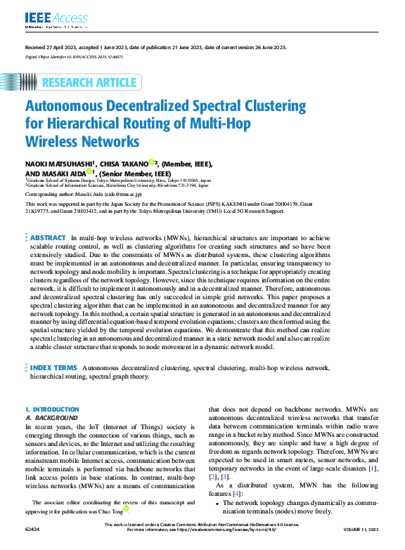 First page of “Autonomous Decentralized Spectral Clustering for Hierarchical Routing of Multi-Hop Wireless Networks”