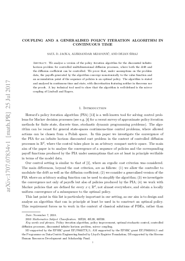 First page of “Coupling and a generalised Policy Iteration Algorithm in continuous time”