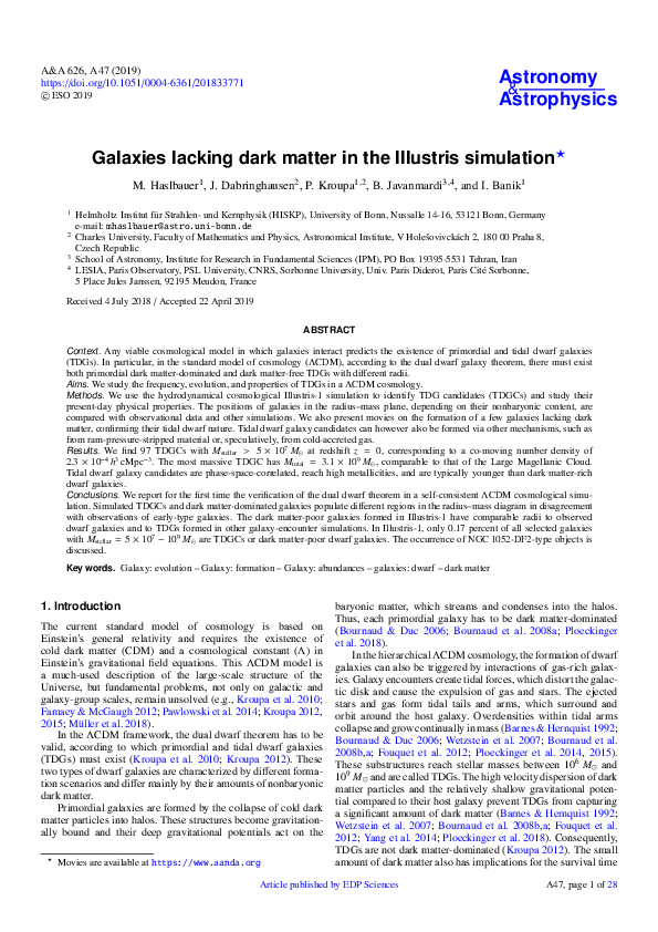 First page of “Galaxies lacking dark matter in the Illustris simulation”