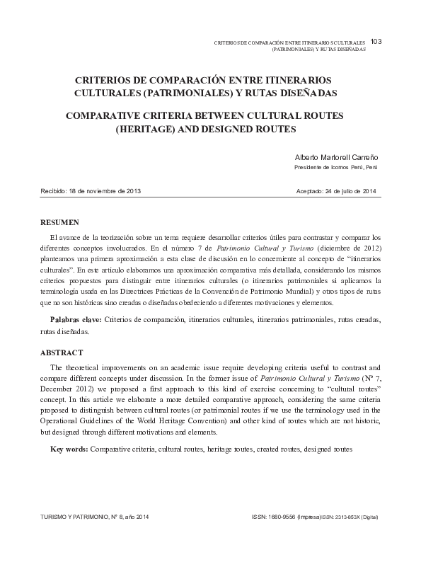 First page of “Criterios de comparación entre itinerarios culturales (patrimoniales) y rutas diseñadas”