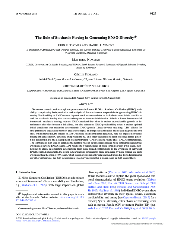 First page of “The Role of Stochastic Forcing in Generating ENSO Diversity”