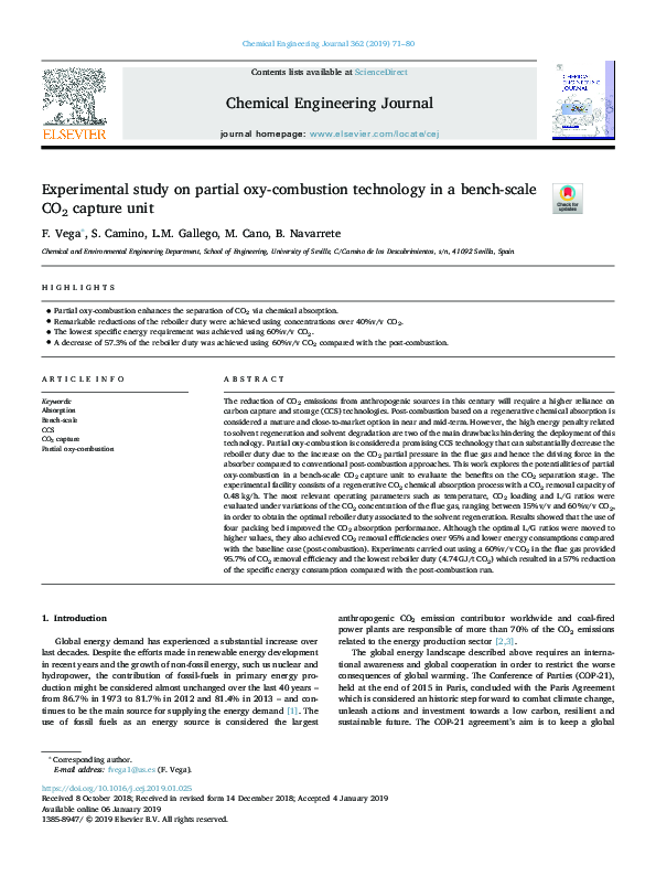 First page of “Experimental study on partial oxy-combustion technology in a bench-scale CO2 capture unit”