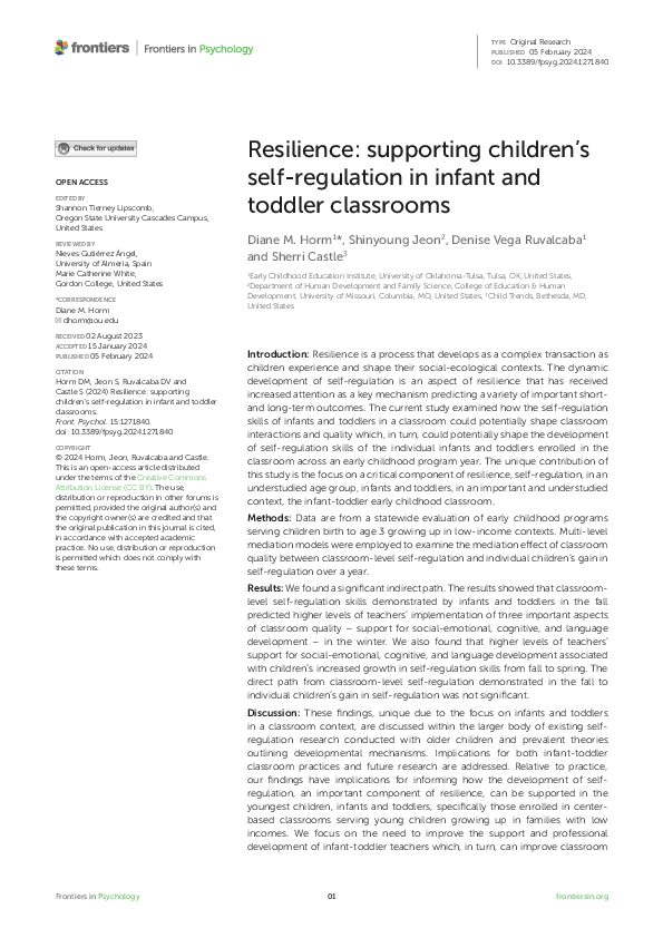 First page of “Resilience: supporting children’s self-regulation in infant and toddler classrooms”