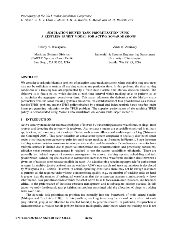 First page of “Simulation-driven task prioritization using a restless bandit model for active sonar missions”