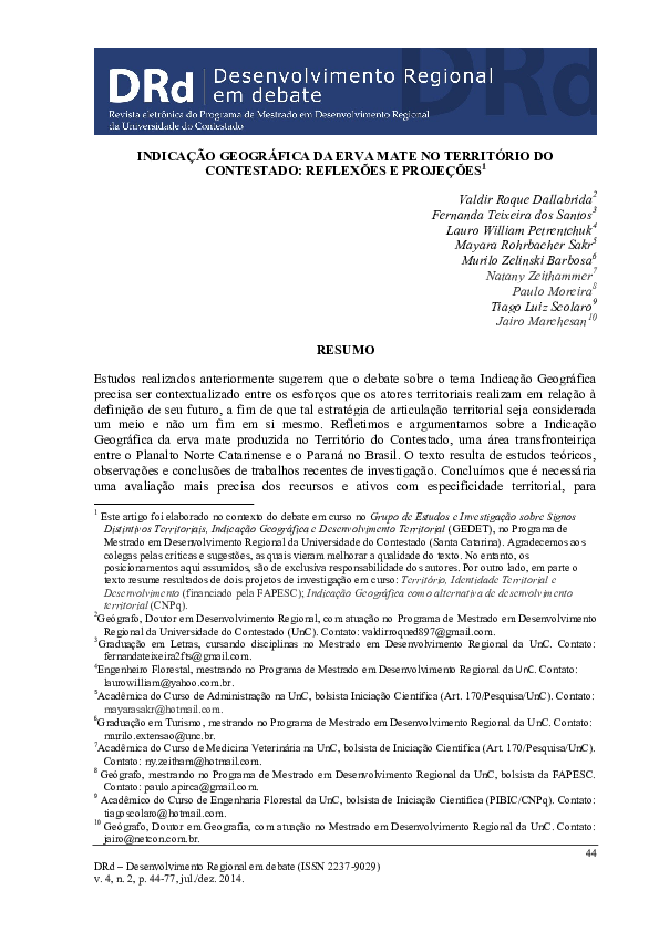 First page of “Indicação Geográfica da Erva Mate no Território do Contestado: reflexões e projeções”