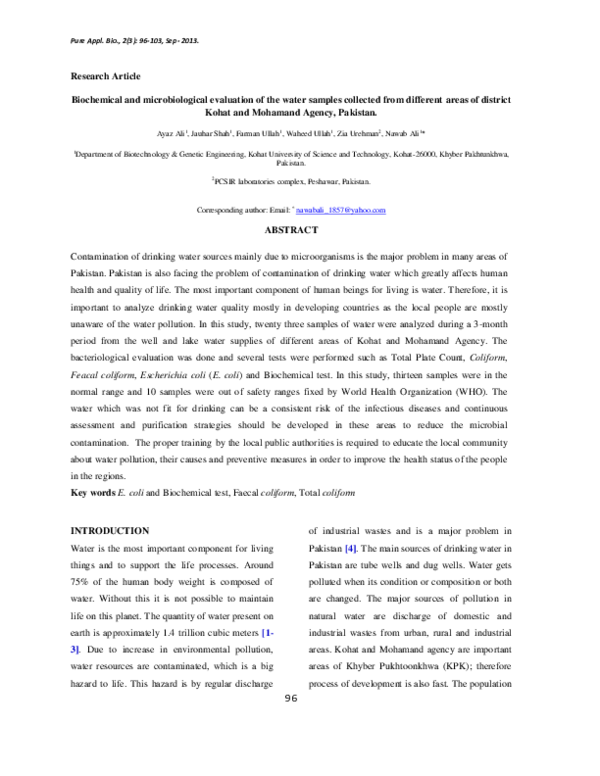 First page of “Biochemical and microbiological evaluation of the water samples collected from different areas of district Kohat and Mohamand Agency, Pakistan”