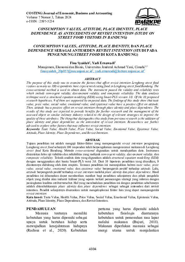 First page of “Consumption Values, Attitude, Place Identity, Dan Place Dependence Sebagai Anteseden Revisit Intention (Studi Pada Pengunjung Street Food Di Kota Bandung)”