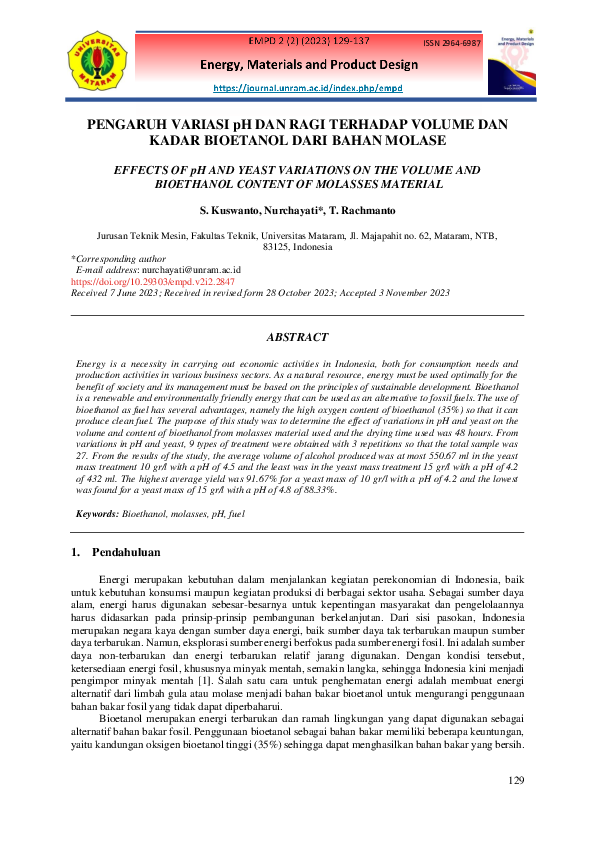 First page of “PENGARUH VARIASI pH DAN RAGI TERHADAP VOLUME DAN KADAR BIOETANOL DARI BAHAN MOLASE”