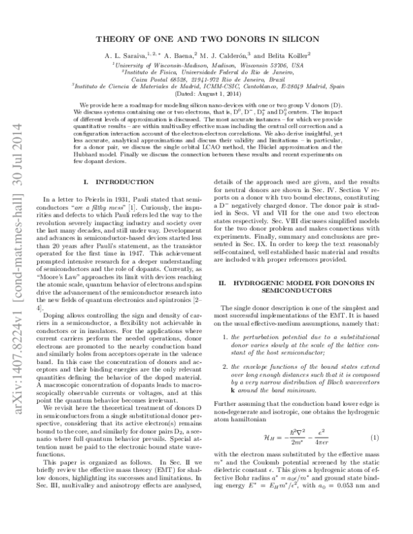 First page of “Theory of one and two donors in silicon”