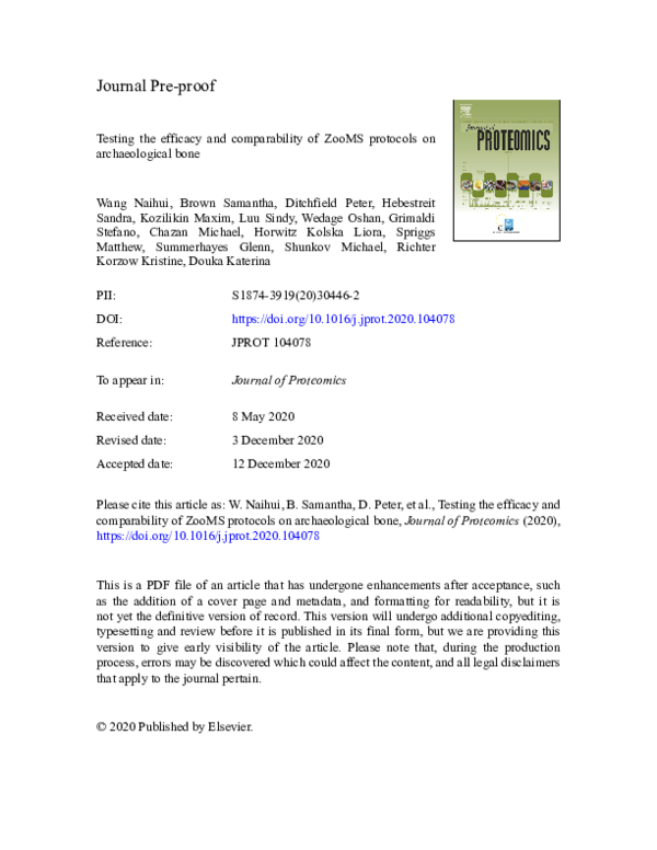 First page of “Testing the efficacy and comparability of ZooMS protocols on archaeological bone”