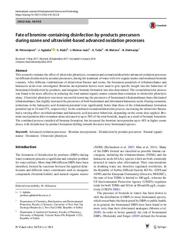 First page of “Fate of bromine-containing disinfection by-products precursors during ozone and ultraviolet-based advanced oxidation processes”