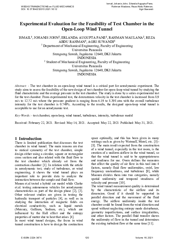 First page of “Experimental Evaluation for The Feasibility of Test Chamber in The Open-Loop Wind Tunnel”