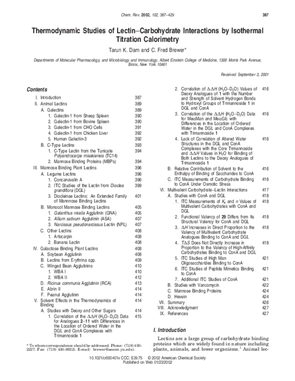 First page of “Thermodynamic Studies of Lectin−Carbohydrate Interactions by Isothermal Titration Calorimetry”