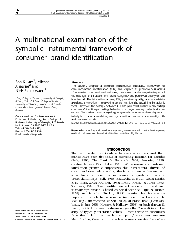 First page of “A multinational examination of the symbolic–instrumental framework of consumer–brand identification”