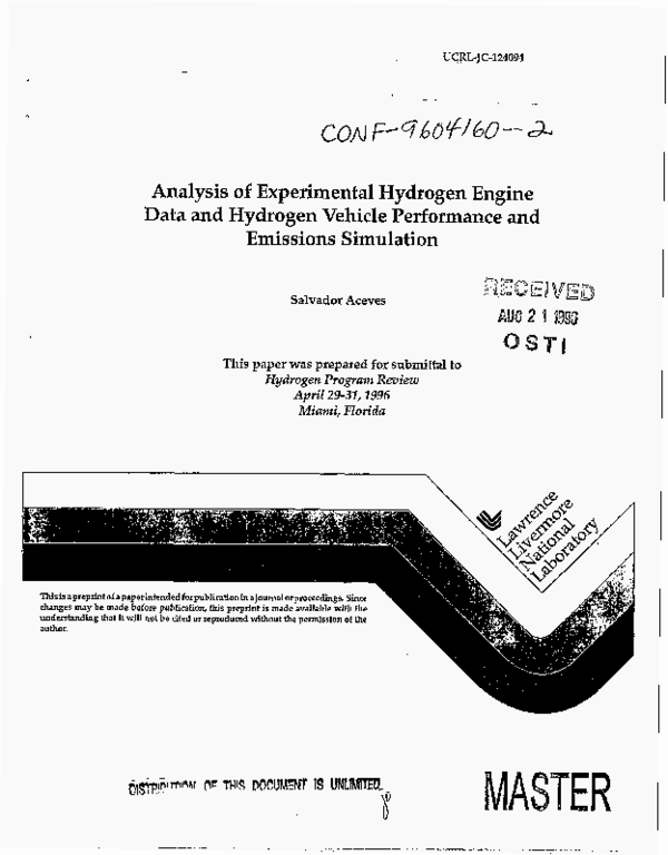 First page of “Analysis of experimental hydrogen engine data and hydrogen vehicle performance and emissions simulation”