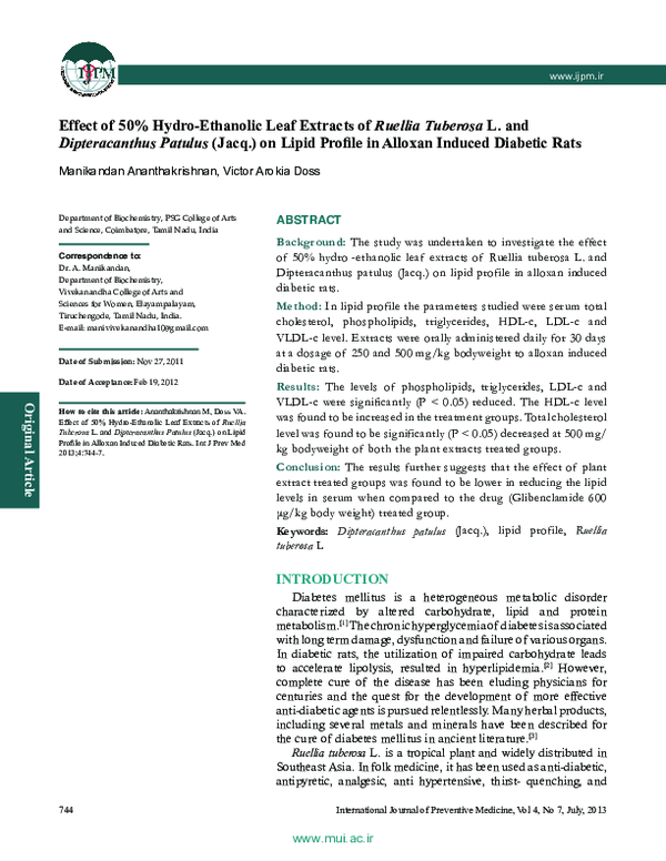 First page of “Effect of 50% hydro-ethanolic leaf extracts of ruellia tuberosa L. And dipteracanthus patulus (jacq.) on lipid profile in alloxan induced diabetic rats”