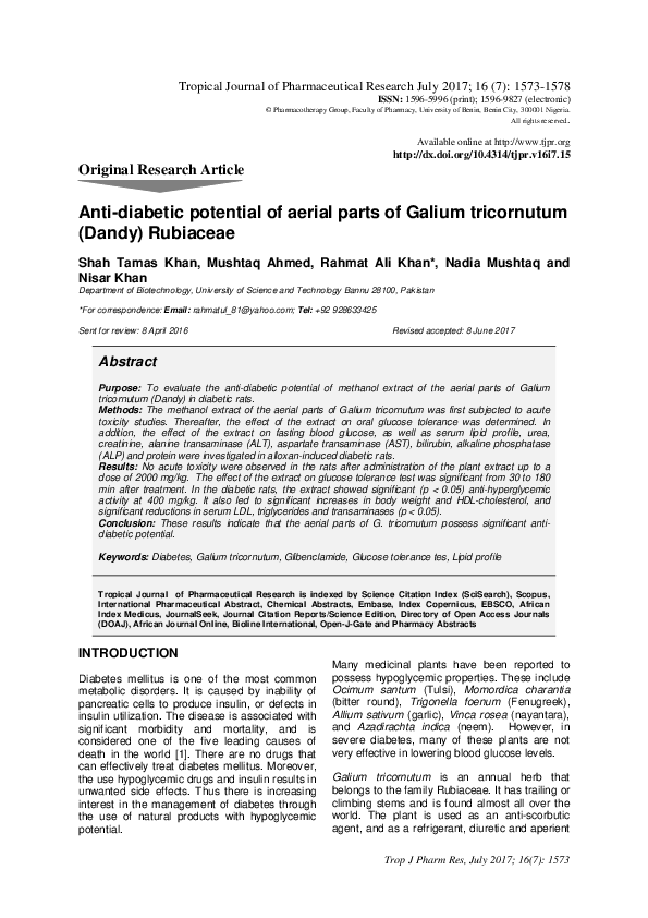 First page of “Anti-diabetic potential of aerial parts of Galium tricornutum (Dandy) Rubiaceae”