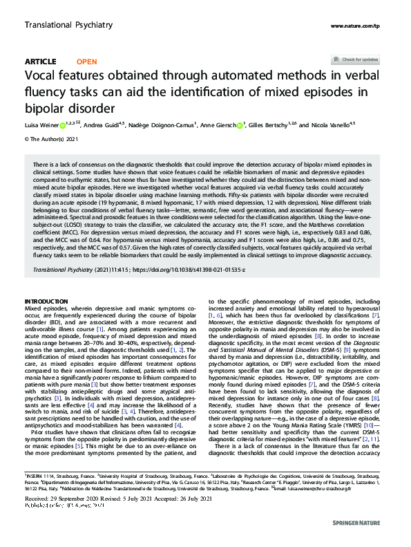 First page of “Vocal features obtained through automated methods in verbal fluency tasks can aid the identification of mixed episodes in bipolar disorder”