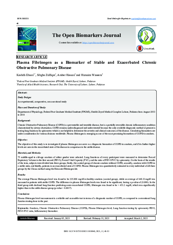 First page of “Plasma Fibrinogen as a Biomarker of Stable and Exacerbated Chronic Obstructive Pulmonary Disease”