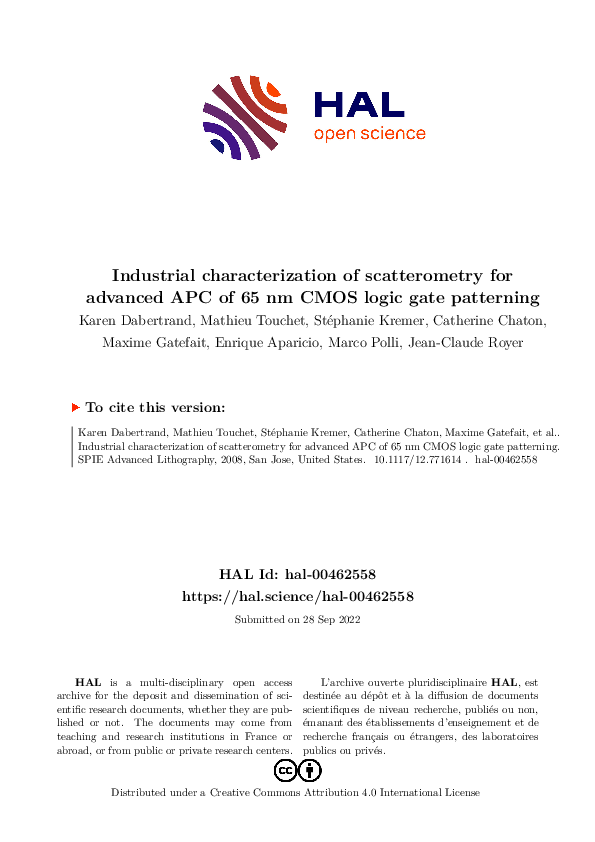 First page of “Industrial characterization of scatterometry for advanced APC of 65 nm CMOS logic gate patterning”