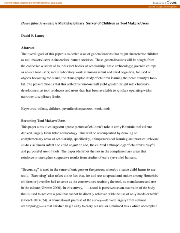 First page of “Homo Faber Juvenalis: A Multidisciplinary Survey of Children as Tool Makers/Users”