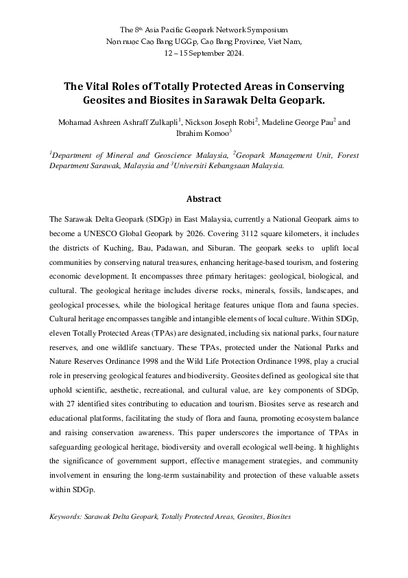 First page of “The Vital Roles of Totally Protected Areas in Conserving Geosites and Biosites in Sarawak Delta Geopark”