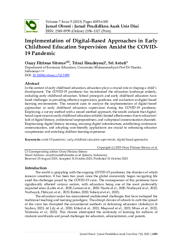 First page of “Implementation of Digital-Based Approaches in Early Childhood Education Supervision Amidst the COVID-19 Pandemic”