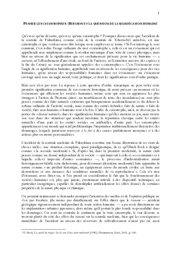 First page of “Penser les catastrophes : Bergson et la question de la signification humaine”