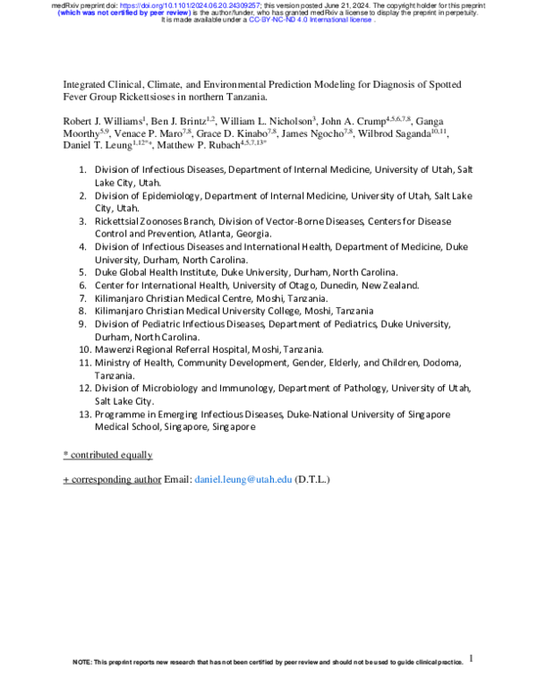 First page of “Integrated Clinical, Climate, and Environmental Prediction Modeling for Diagnosis of Spotted Fever Group Rickettsioses in northern Tanzania”