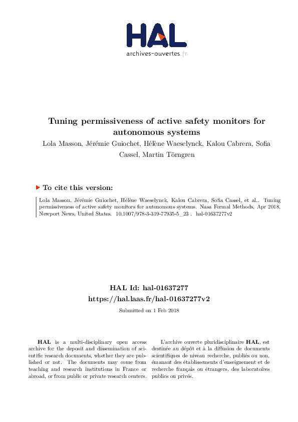 First page of “Tuning permissiveness for active safety monitoring”