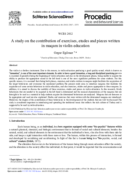 First page of “A Study on the Contribution of Exercises, Etudes and Pieces Written in Maqam in Violin Education”