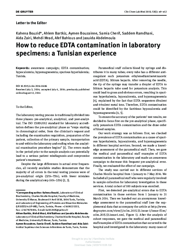 First page of “How to reduce EDTA contamination in laboratory specimens: a Tunisian experience”