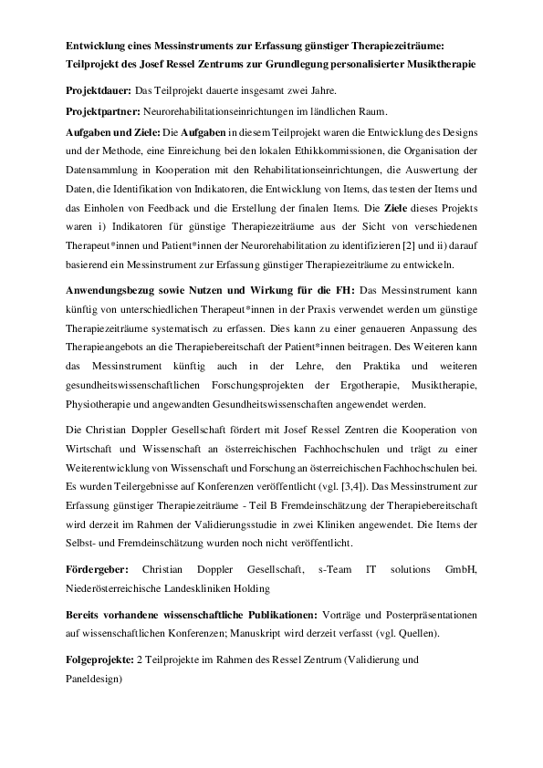 First page of “Entwicklung eines Messinstruments zur Erfassung günstiger Therapiezeiträume: Teilprojekt des Josef Ressel Zentrums zur Grundlegung personalisierter Musiktherapie”