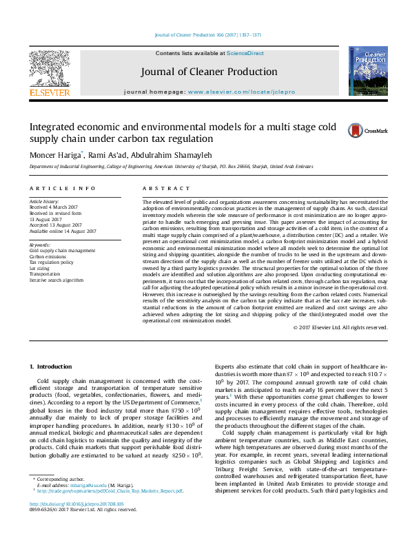 First page of “Integrated economic and environmental models for a multi stage cold supply chain under carbon tax regulation”